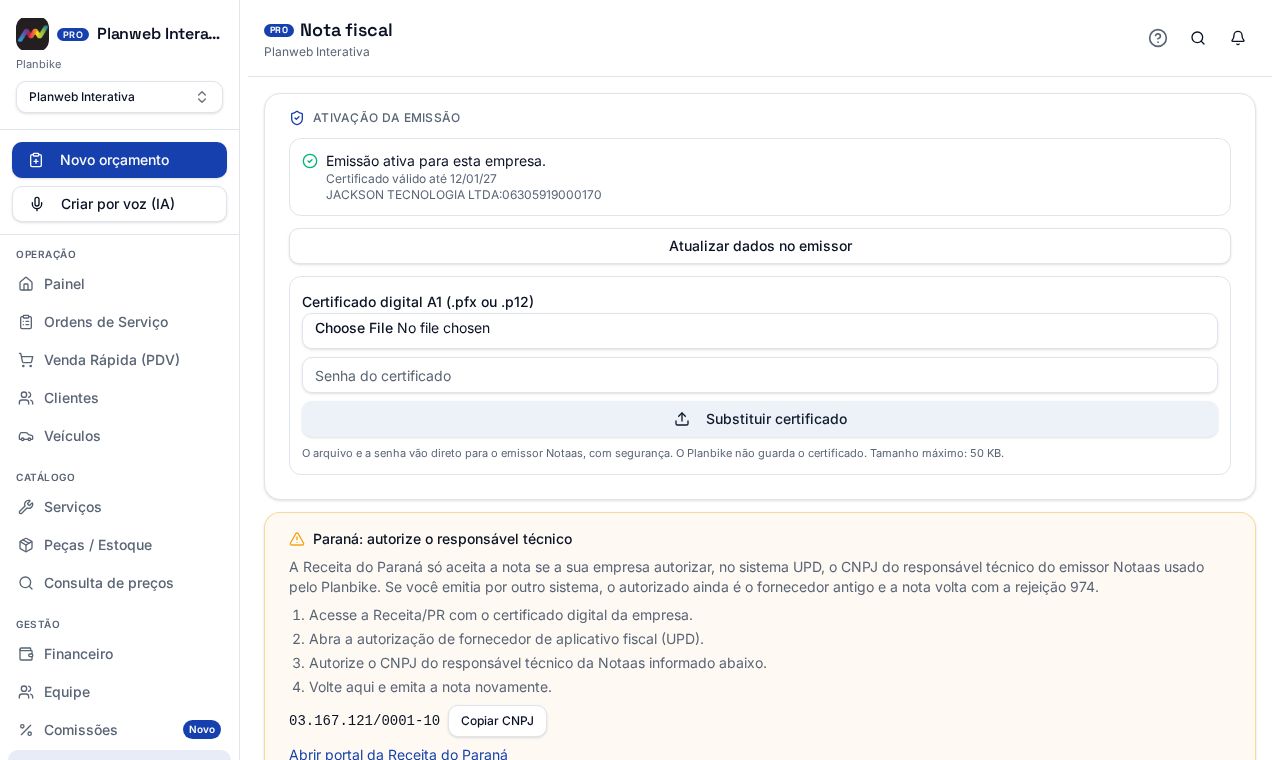 Tela de Nota fiscal com as notas emitidas e seus status